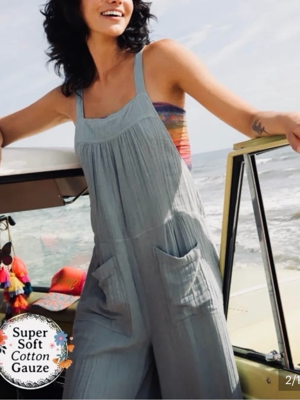 NATURAL LIFE Light Blue Cotton Gauze Scoop-Neck Jumpsuit with Pockets
